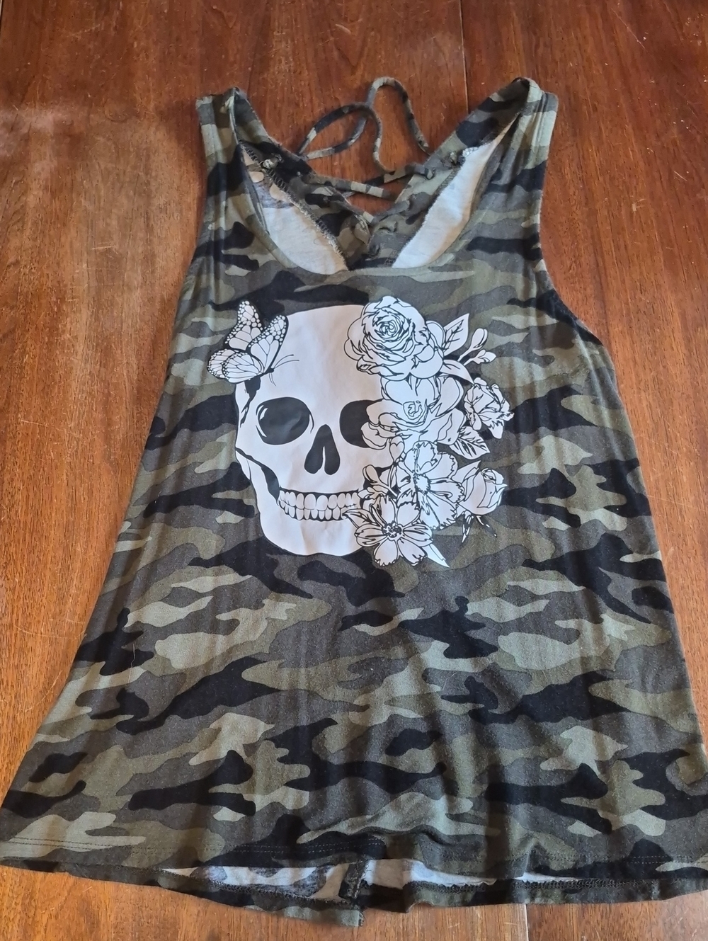 No Boundaries Green Camo Skull Tank Top with Floral Graphic